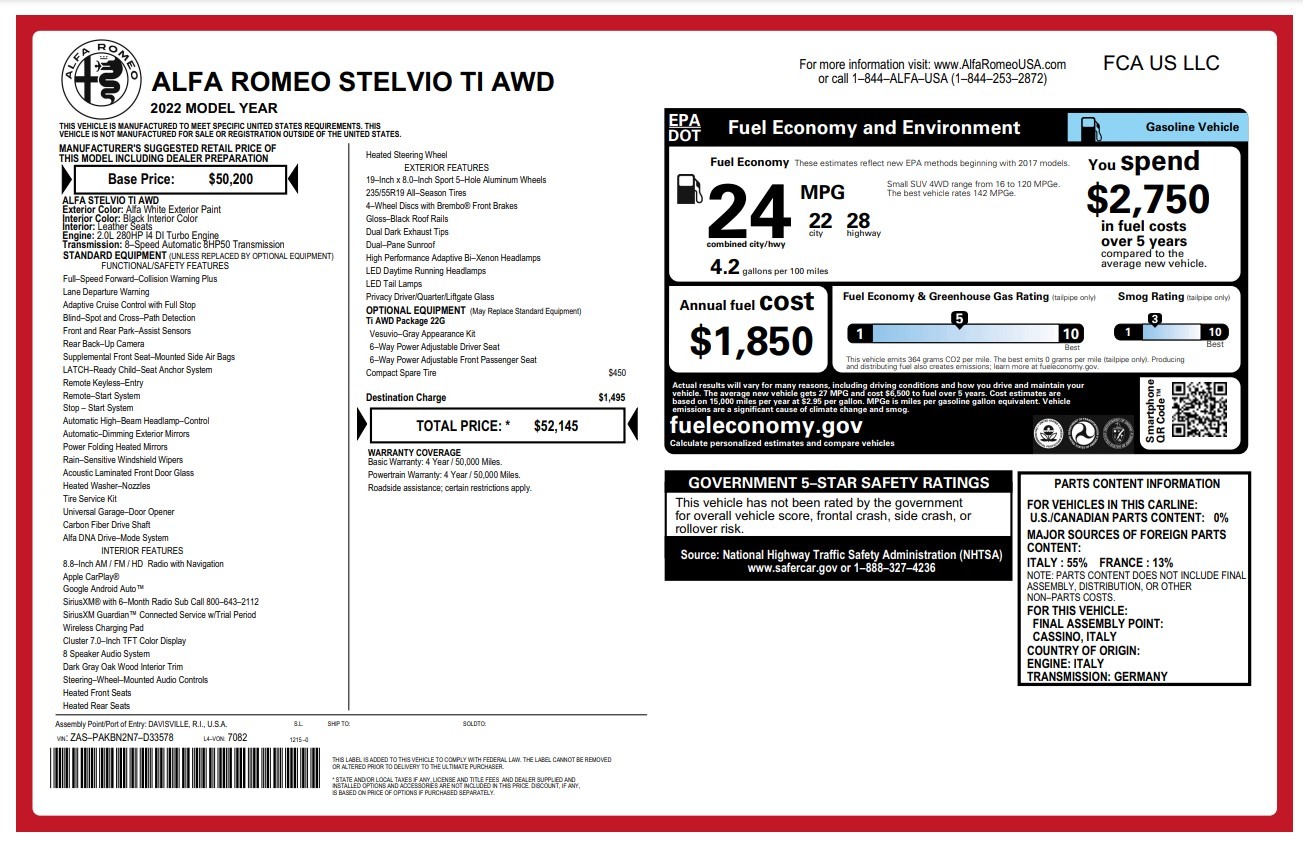 New 2022 Alfa Romeo Stelvio Ti for sale $52,145 at Maserati of Westport in Westport CT 06880 1