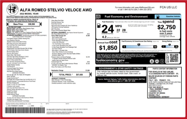 New 2022 Alfa Romeo Stelvio Veloce for sale $57,650 at Maserati of Westport in Westport CT 06880 2