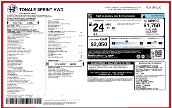 New 2026 Alfa Romeo Tonale Sprint for sale $46,530 at Maserati of Westport in Westport CT 06880 25