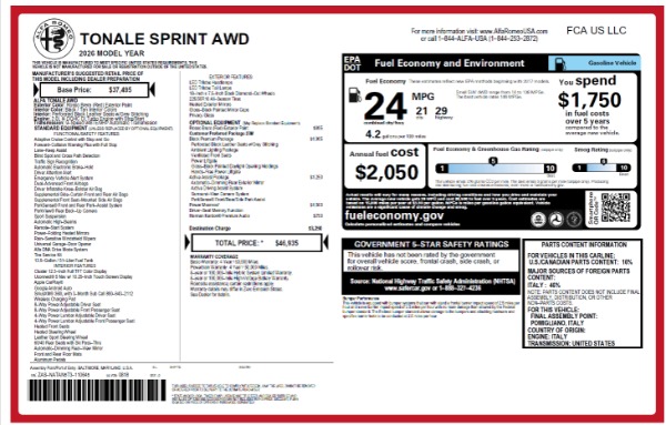 New 2026 Alfa Romeo Tonale Sprint for sale $46,935 at Maserati of Westport in Westport CT 06880 23