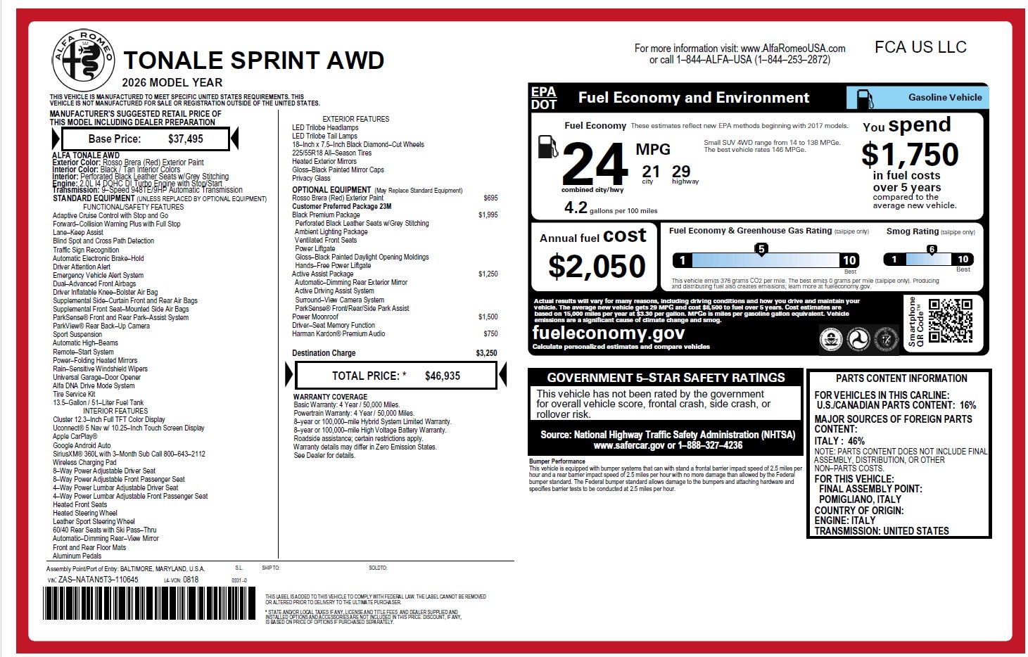 New 2026 Alfa Romeo Tonale Sprint for sale $46,935 at Maserati of Westport in Westport CT 06880 1