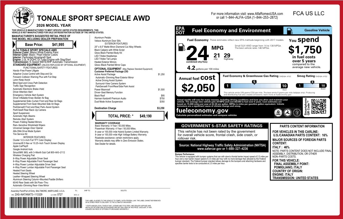 New 2026 Alfa Romeo Tonale Sport Speciale for sale $49,190 at Maserati of Westport in Westport CT 06880 1