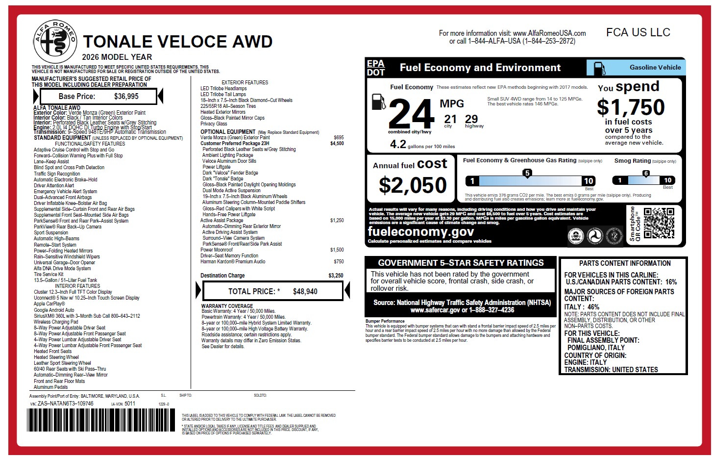 New 2026 Alfa Romeo Tonale Veloce for sale $48,940 at Maserati of Westport in Westport CT 06880 1