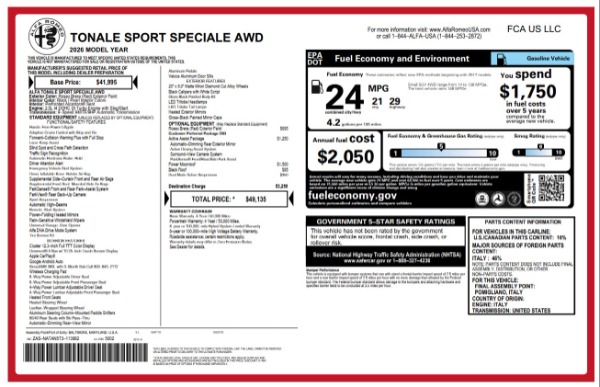 New 2026 Alfa Romeo Tonale Sport Speciale for sale $49,135 at Maserati of Westport in Westport CT 06880 25