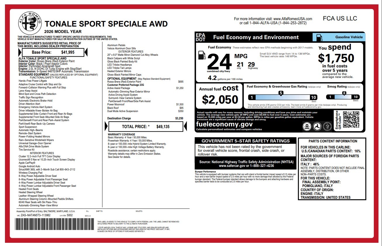 New 2026 Alfa Romeo Tonale Sport Speciale for sale $49,135 at Maserati of Westport in Westport CT 06880 1