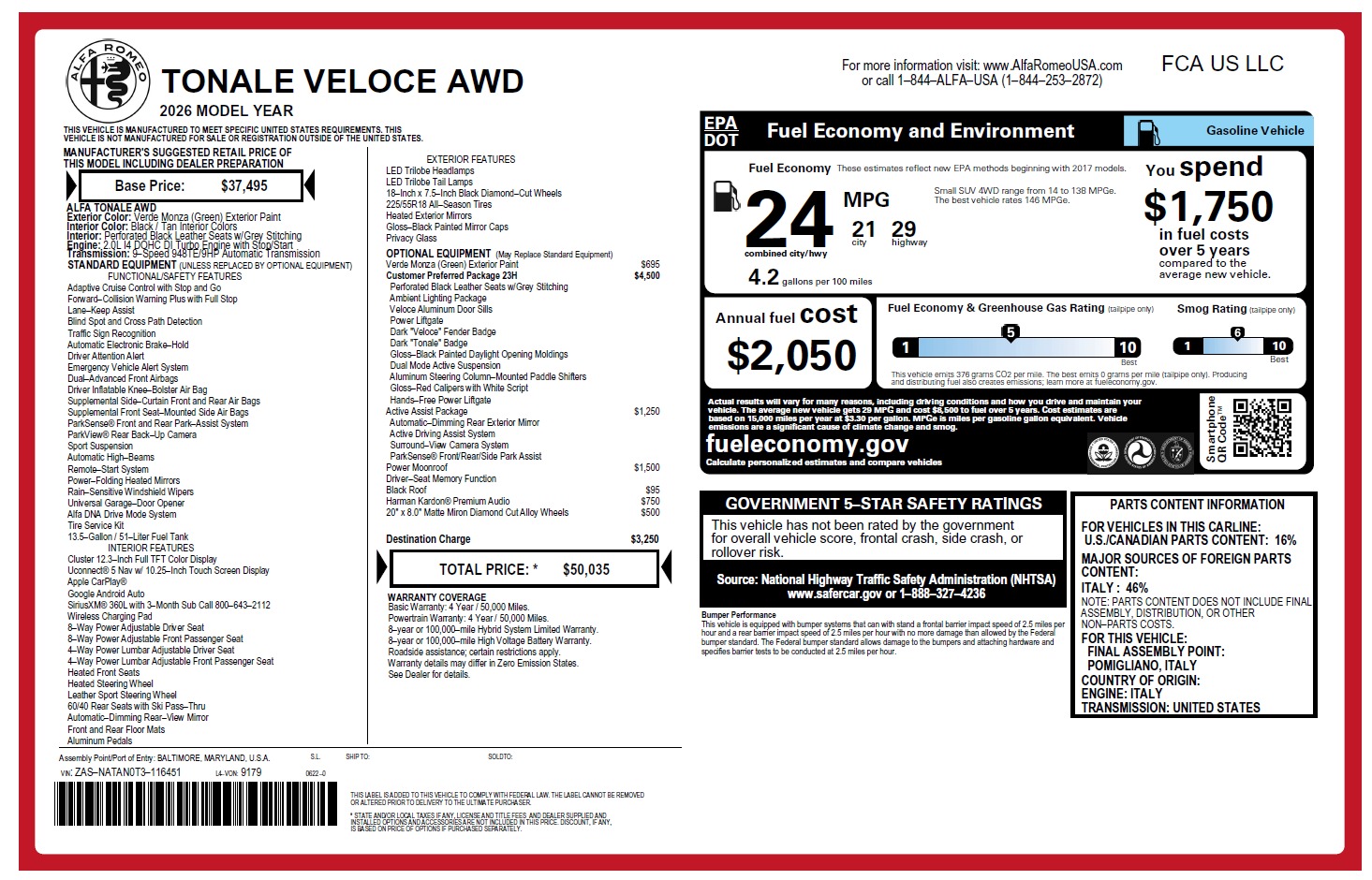 New 2026 Alfa Romeo Tonale Veloce for sale $50,035 at Maserati of Westport in Westport CT 06880 1