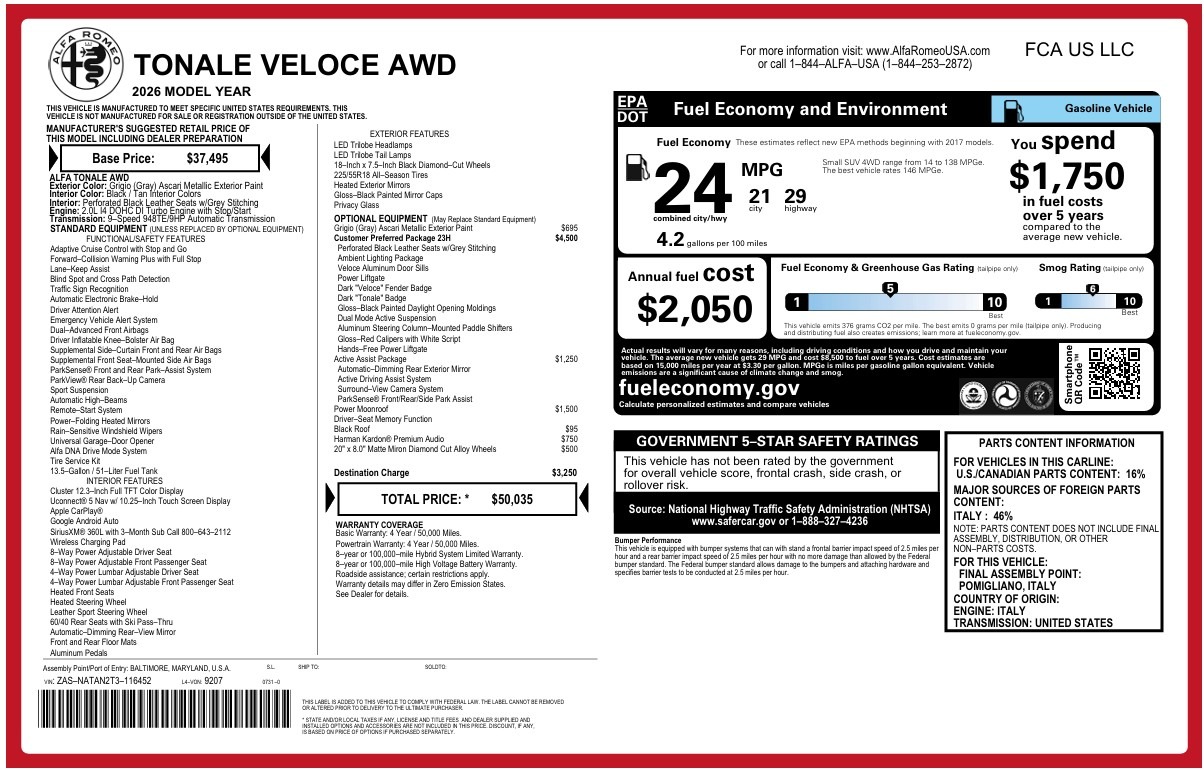 New 2026 Alfa Romeo Tonale Veloce for sale $50,035 at Maserati of Westport in Westport CT 06880 1