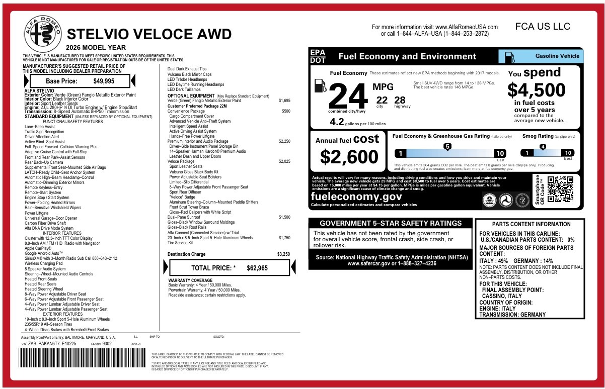 New 2026 Alfa Romeo Stelvio Veloce for sale $62,965 at Maserati of Westport in Westport CT 06880 1