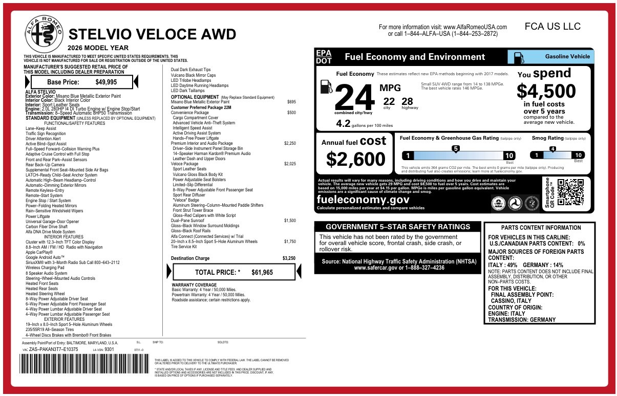 New 2026 Alfa Romeo Stelvio Veloce for sale $61,965 at Maserati of Westport in Westport CT 06880 1
