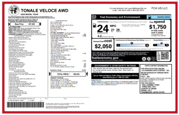 New 2026 Alfa Romeo Tonale Veloce for sale $50,035 at Maserati of Westport in Westport CT 06880 25