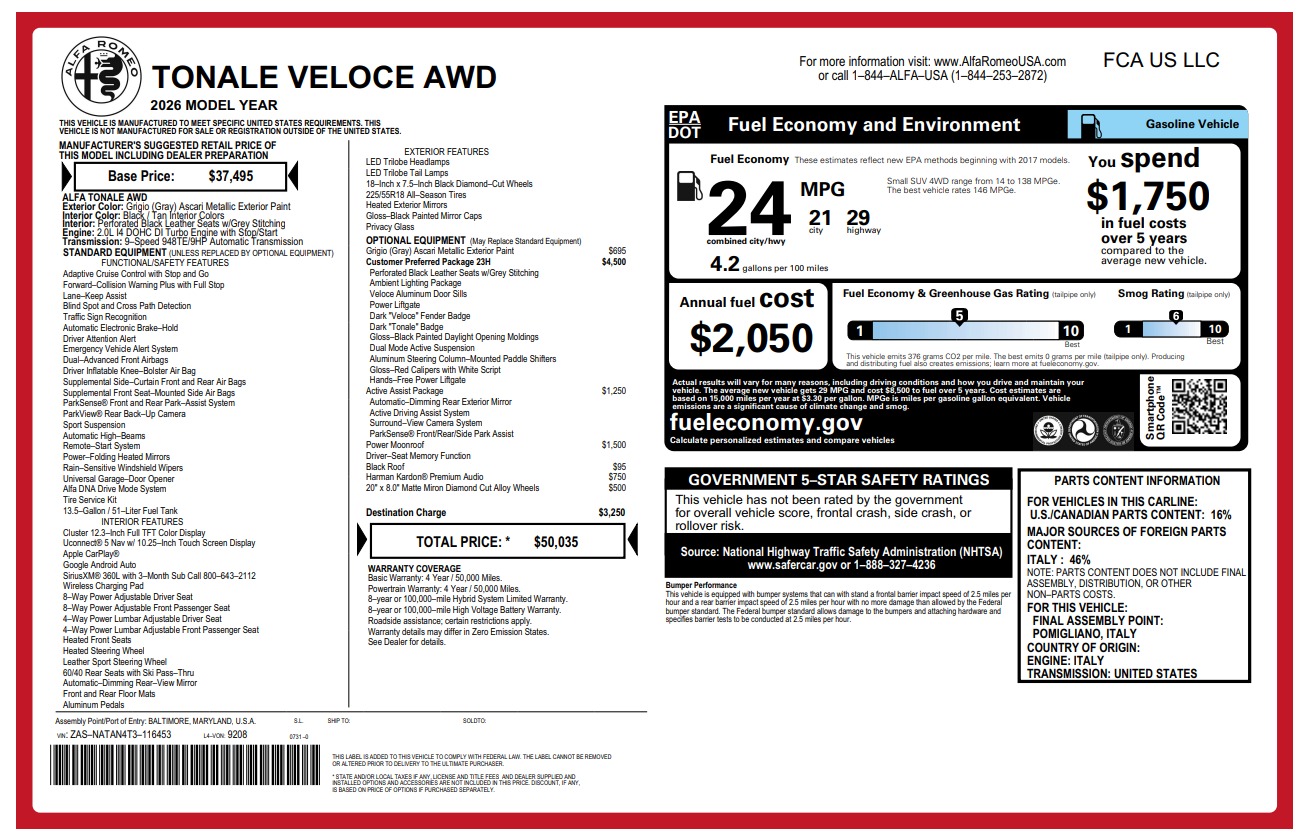 New 2026 Alfa Romeo Tonale Veloce for sale $50,035 at Maserati of Westport in Westport CT 06880 1
