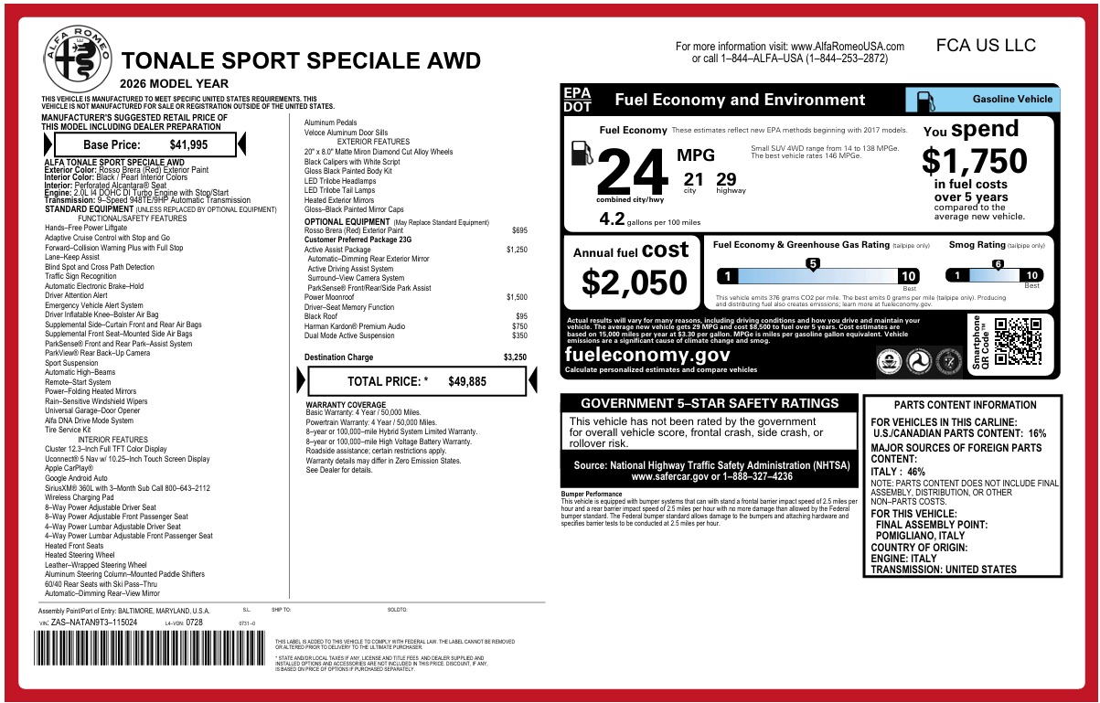 New 2026 Alfa Romeo Tonale Sport Speciale for sale $49,885 at Maserati of Westport in Westport CT 06880 1