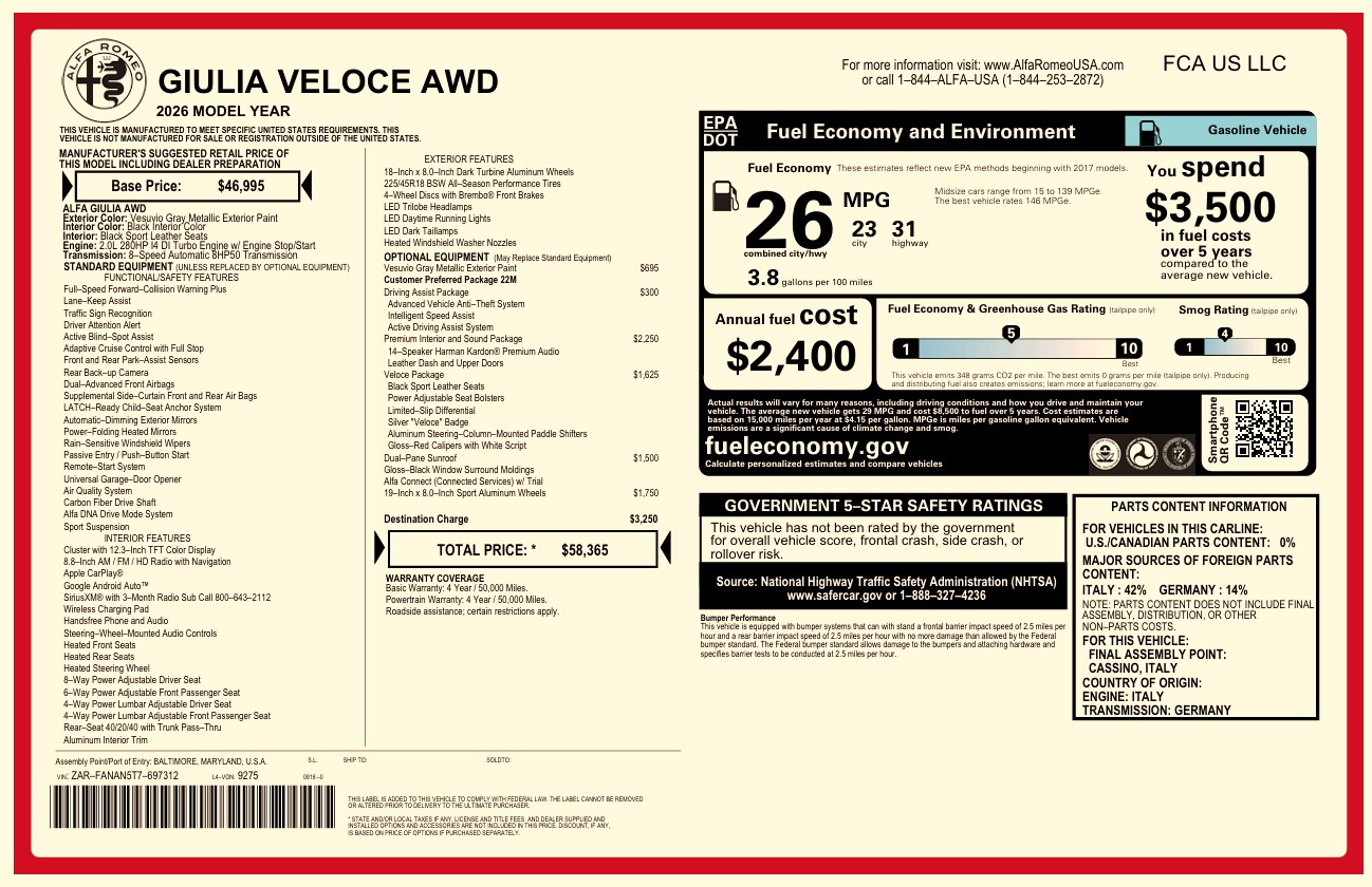 New 2026 Alfa Romeo Giulia VELOCE for sale $58,365 at Maserati of Westport in Westport CT 06880 1