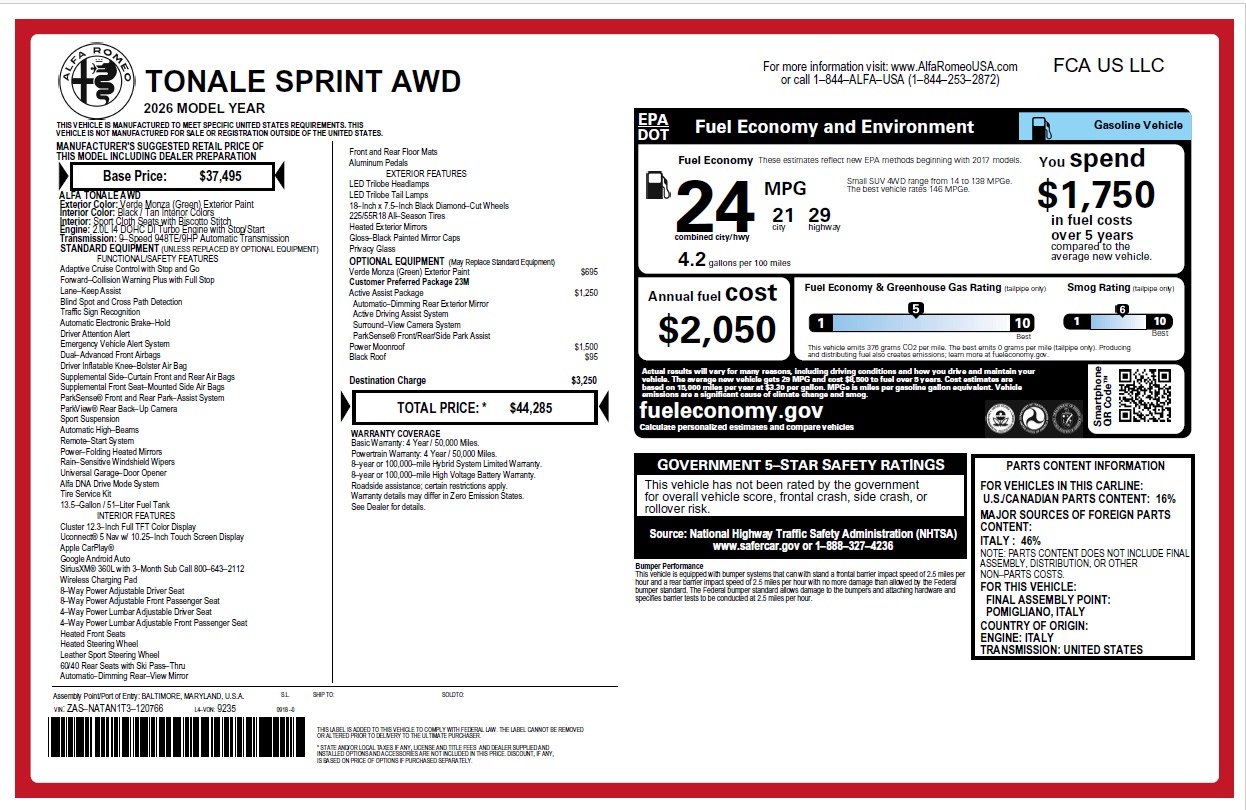 New 2026 Alfa Romeo Tonale Sprint for sale $44,285 at Maserati of Westport in Westport CT 06880 1